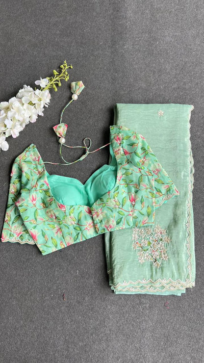 Pista green tissue saree with floral hand work blouse