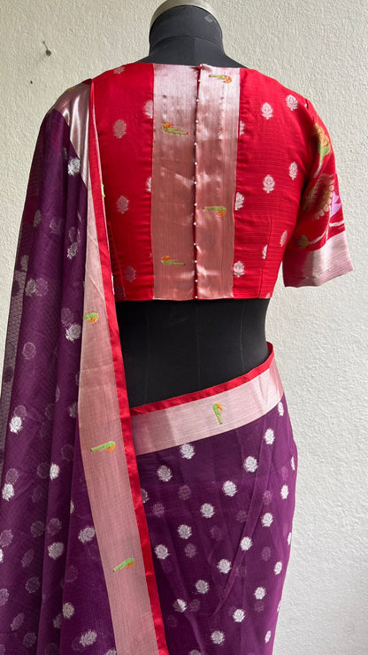 Wine kota doria saree with zari hand work blouse