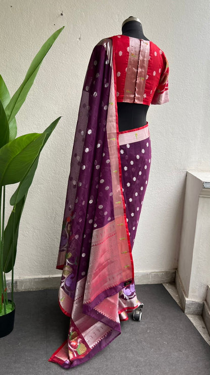 Wine kota doria saree with zari hand work blouse