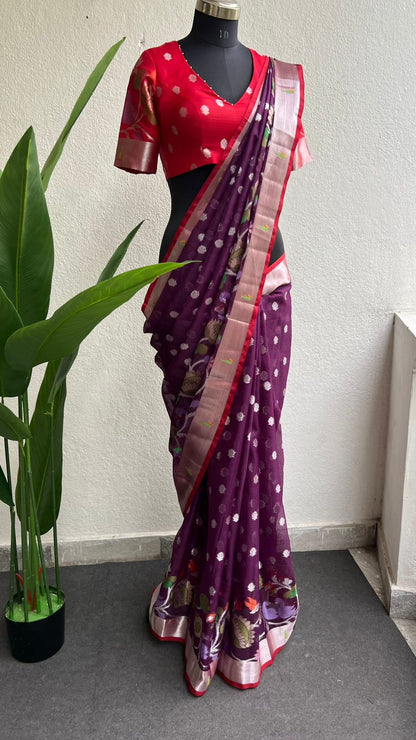 Wine kota doria saree with zari hand work blouse