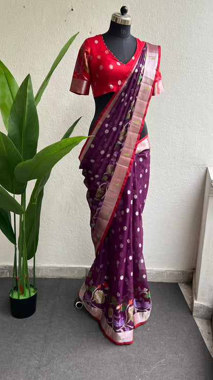 Wine kota doria saree with zari hand work blouse