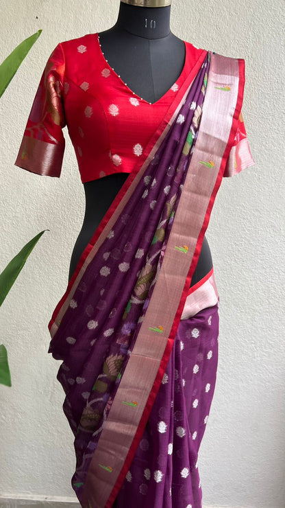 Wine kota doria saree with zari hand work blouse