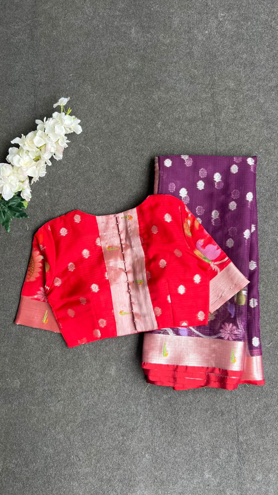 Wine kota doria saree with zari hand work blouse