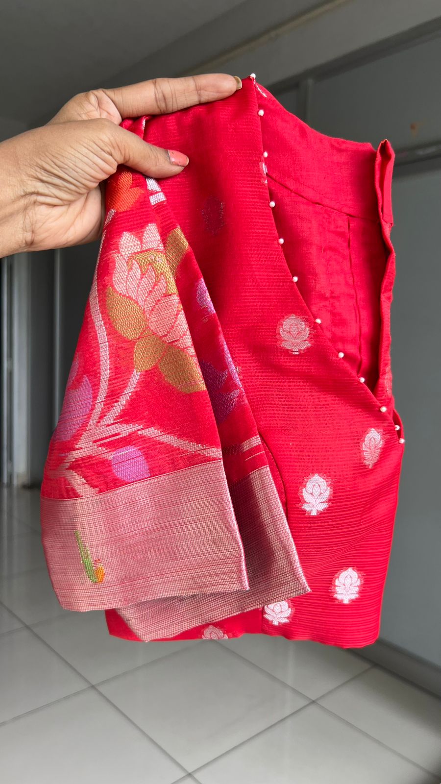 Wine kota doria saree with zari hand work blouse