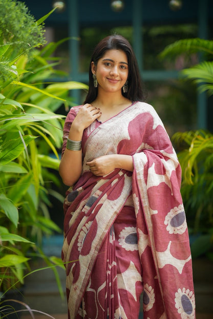 Brown linen floral saree with hand work blouse