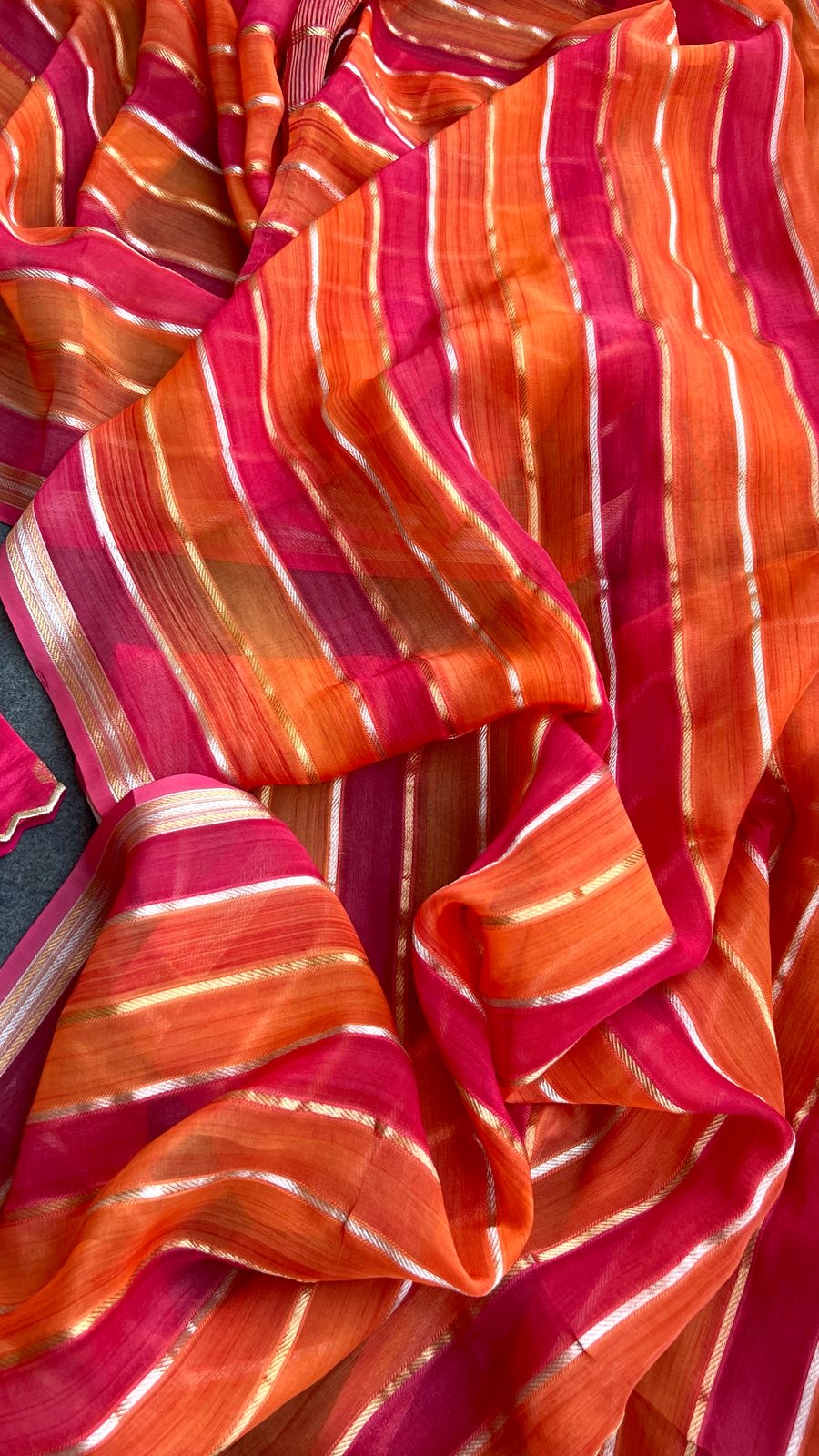 Pink & orange stripped soft organza saree with banarasi hand work blouse