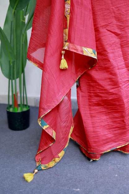 Red chanderi cotton saree with kalamkari handwork blouse