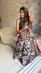Black linen cotton kalamkari saree with embroidery blouse
