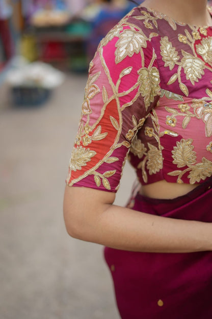 Maroon marble silk saree with embroidery blouse