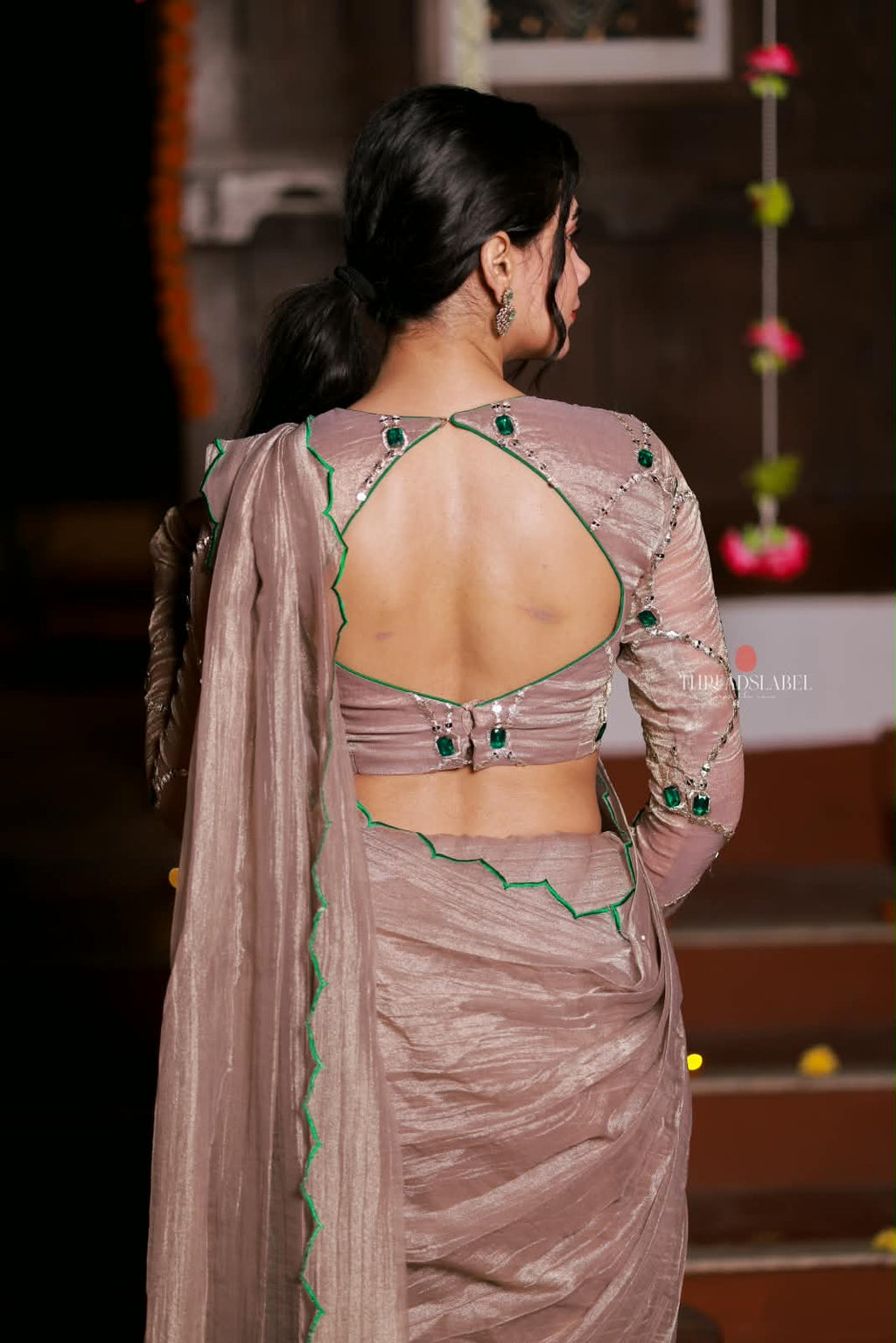 Dusty silver tissue hand made saree & blouse