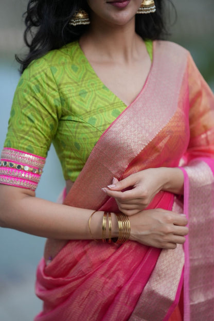 Parrot ikkat silk hand work blouse (Only blouse)