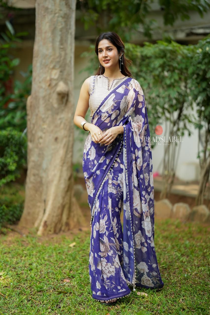 Purple chiffon floral saree with hand work blouse