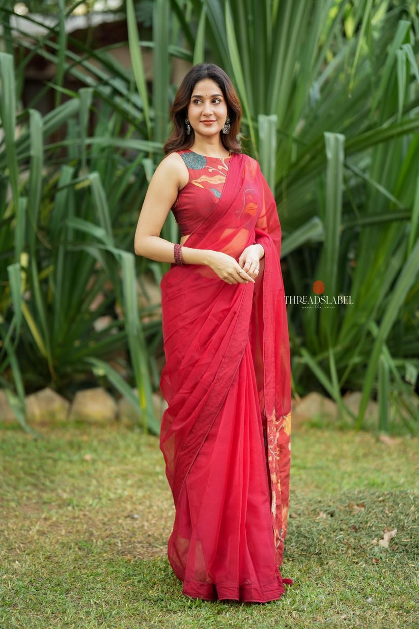Maroon soft organza saree with kalamkari blouse