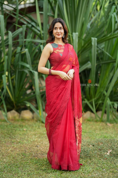 Maroon soft organza saree with kalamkari blouse
