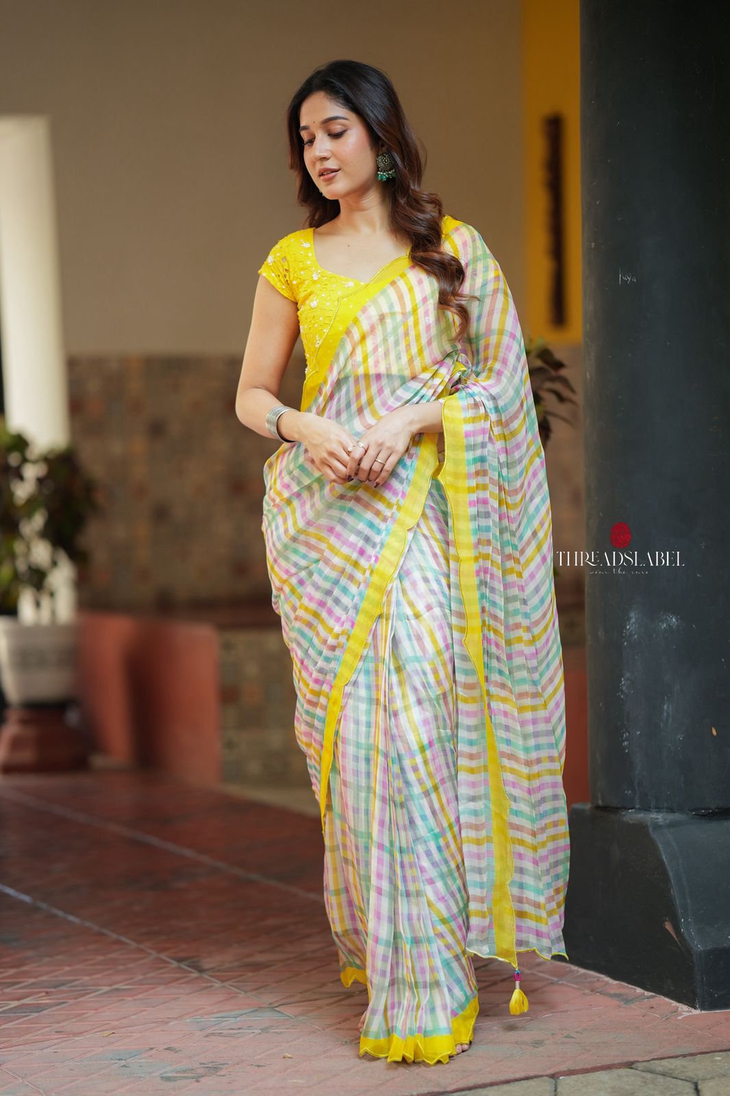 Multi viscose jute saree with hand work blouse