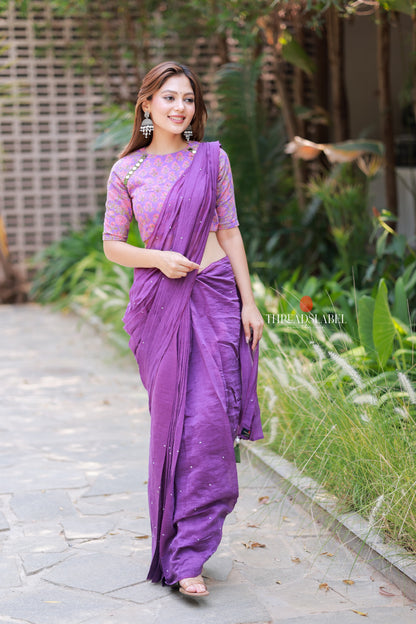 Purple mul chanderi saree with mirror work blouse