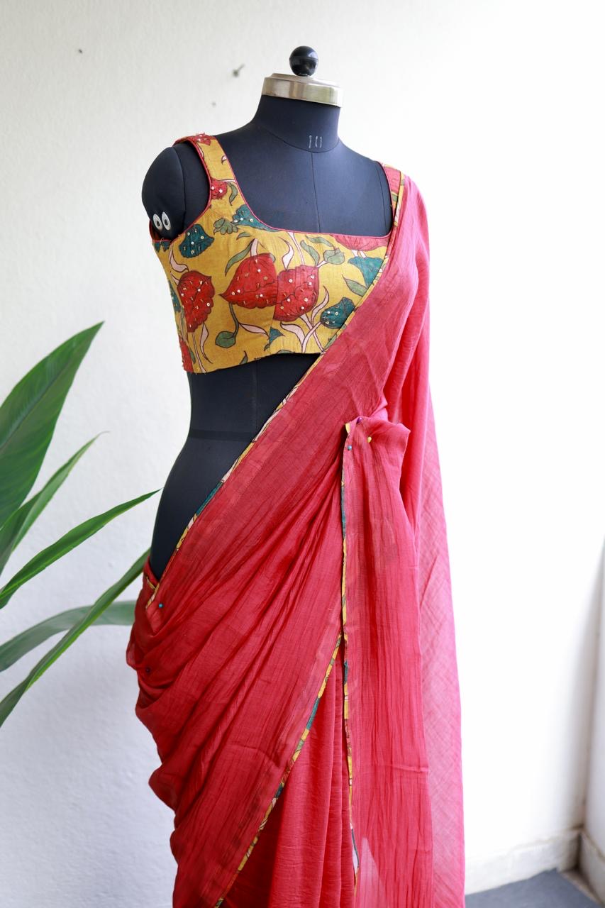 Red chanderi cotton saree with kalamkari handwork blouse
