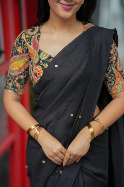 Black malai chanderi saree with heavy embroidery blouse