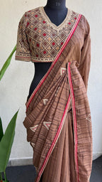 Caramel muslin silk embroidery saree with blouse
