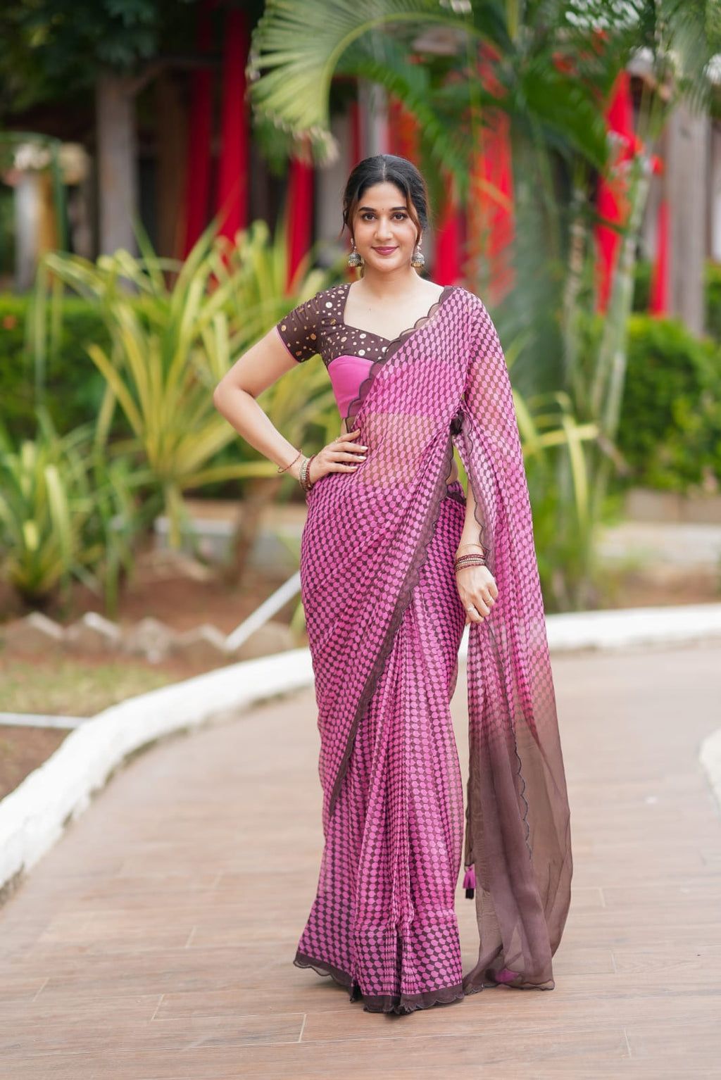 Pink viscose jute saree with hand work blouse