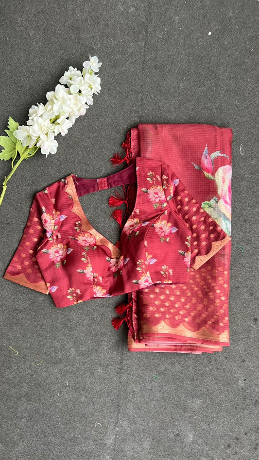 Brown kota floral saree with blouse