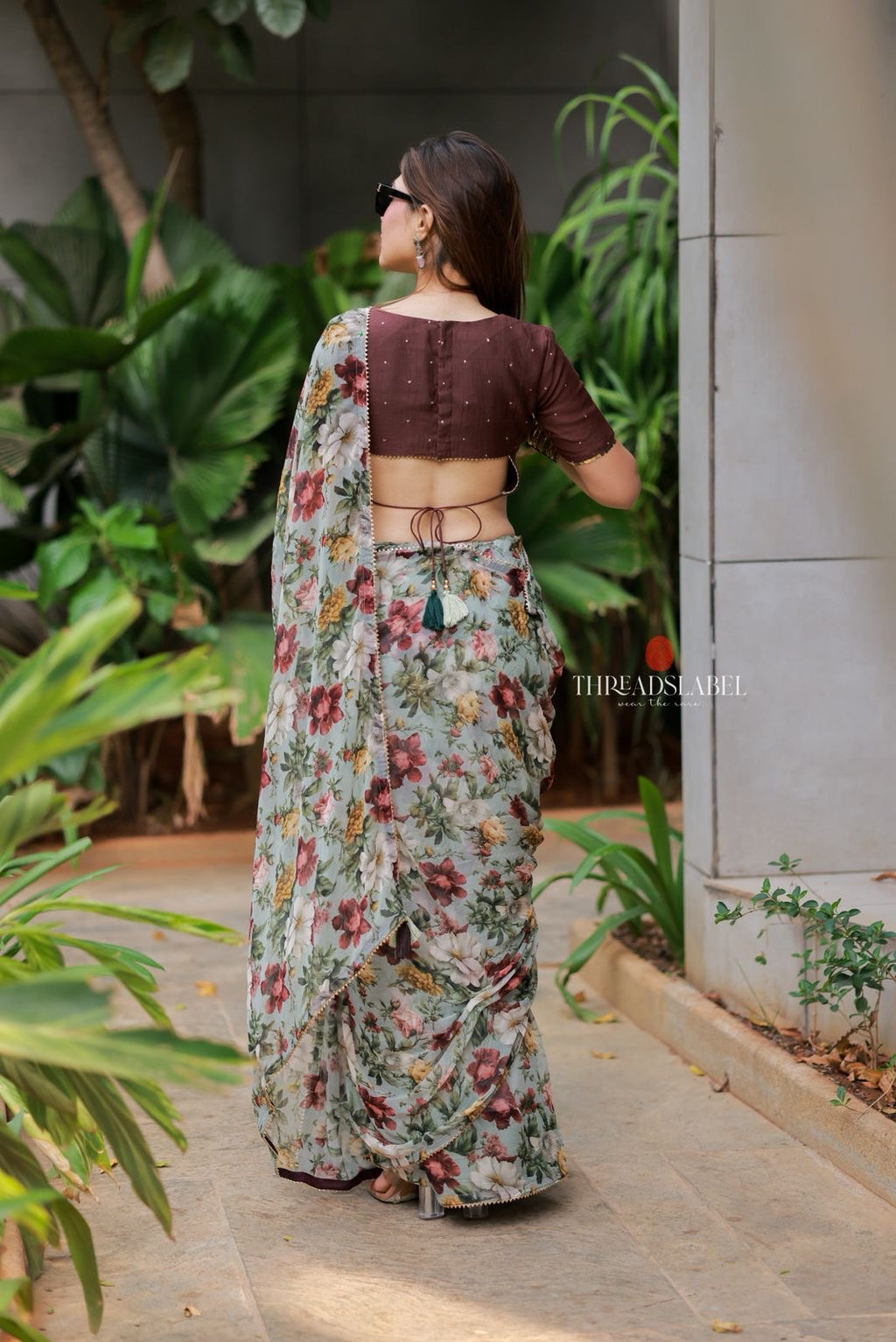 Sage green floral chiffon saree with hand work blouse