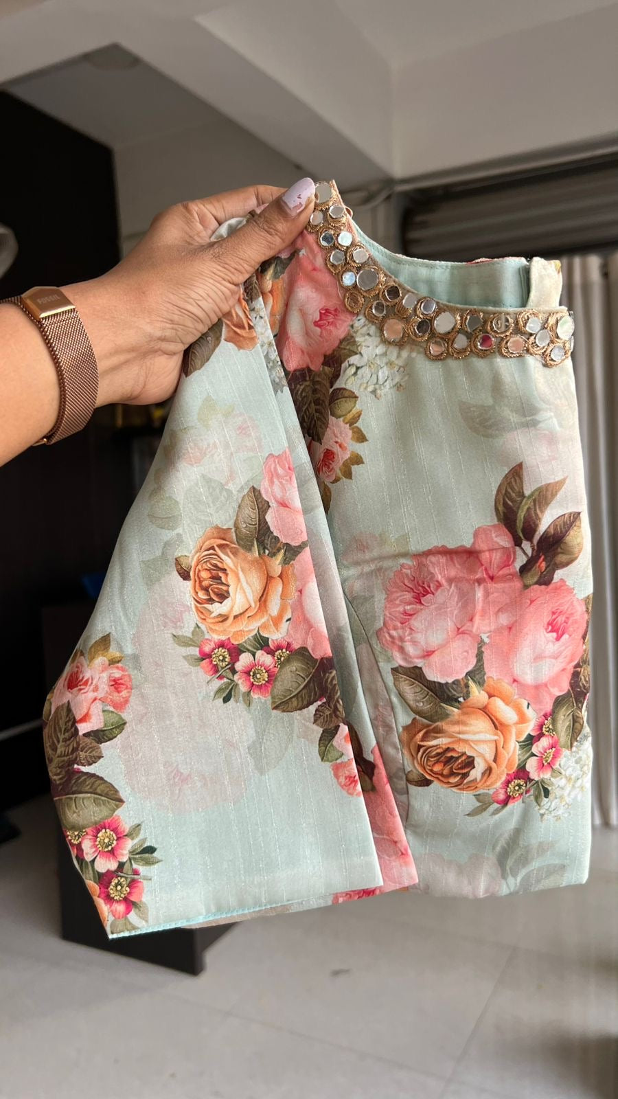 Light green tissue saree with mirror floral blouse