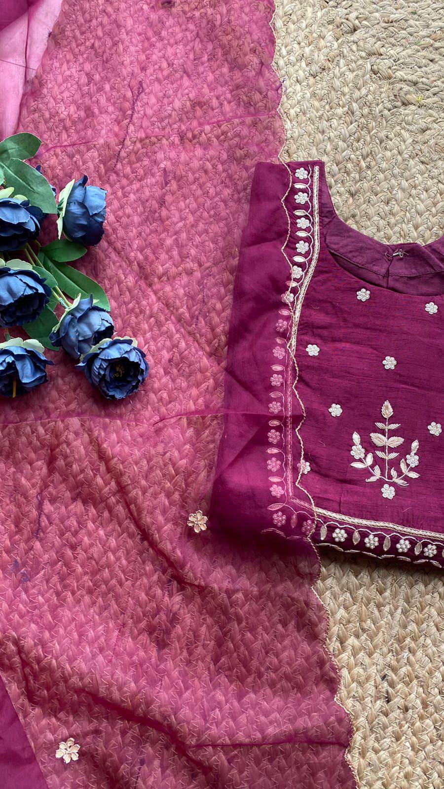 Wine silk hand work embroidery 3 piece kurti set - Threads