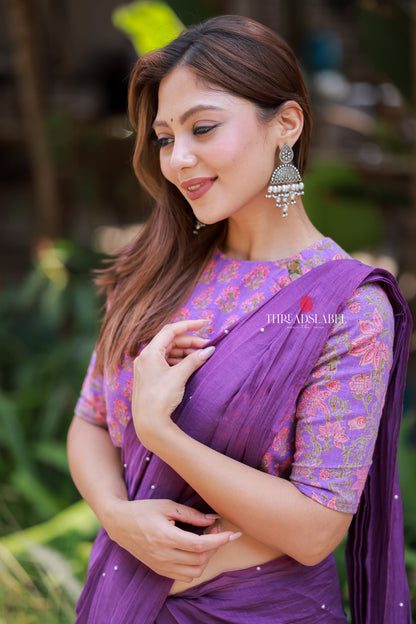 Purple mul chanderi saree with mirror work blouse