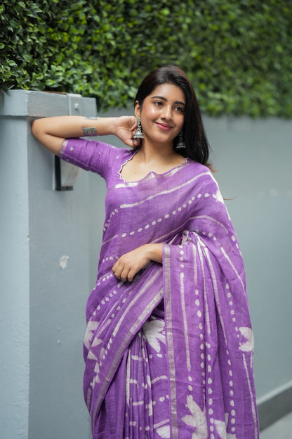 Purple linen floral saree with hand work blouse