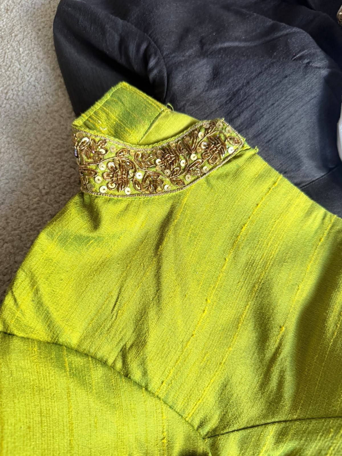 Lime green silk collar hand work blouse