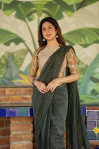 Bottle green mul chanderi saree with mirror work blouse