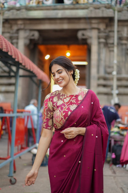 Maroon marble silk saree with embroidery blouse