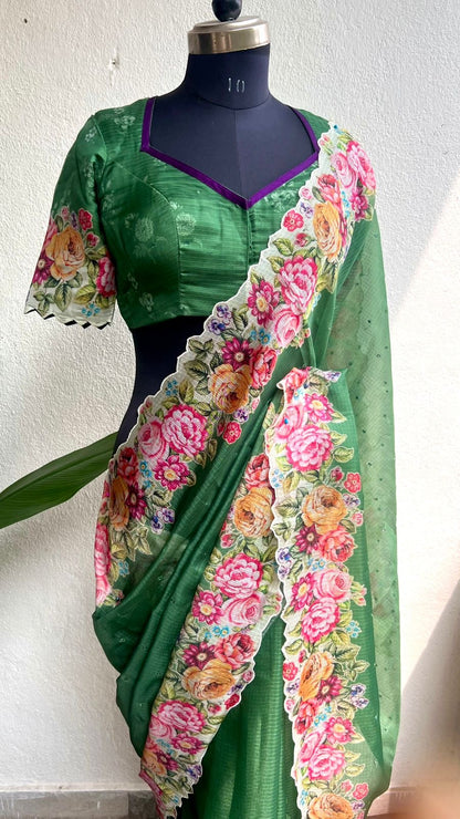 Green floral kota doria saree with patterned blouse