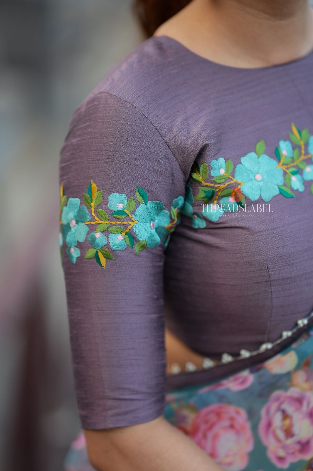 Blue floral georgette saree with grey embroidery blouse