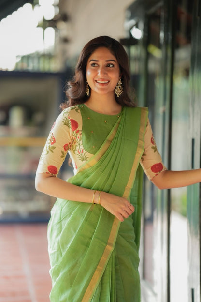 Cream cotton print hand work blouse(only blouse)