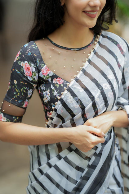 Black & white stripe organza saree with hand work blouse