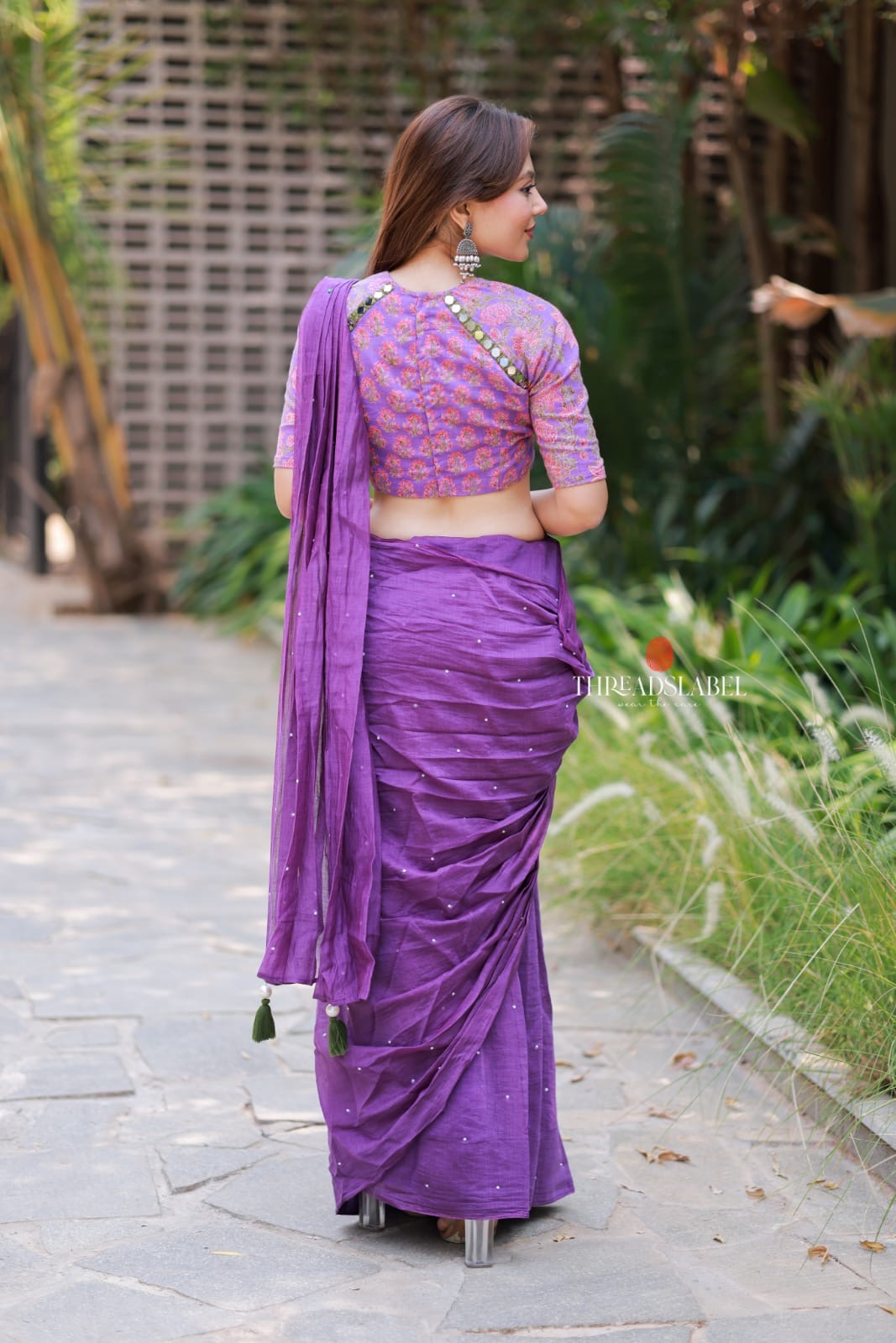 Purple mul chanderi saree with mirror work blouse
