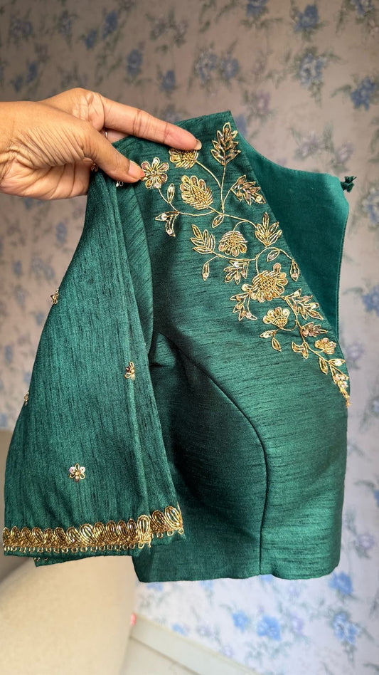 Bottle green silk shoulder hand worked blouse