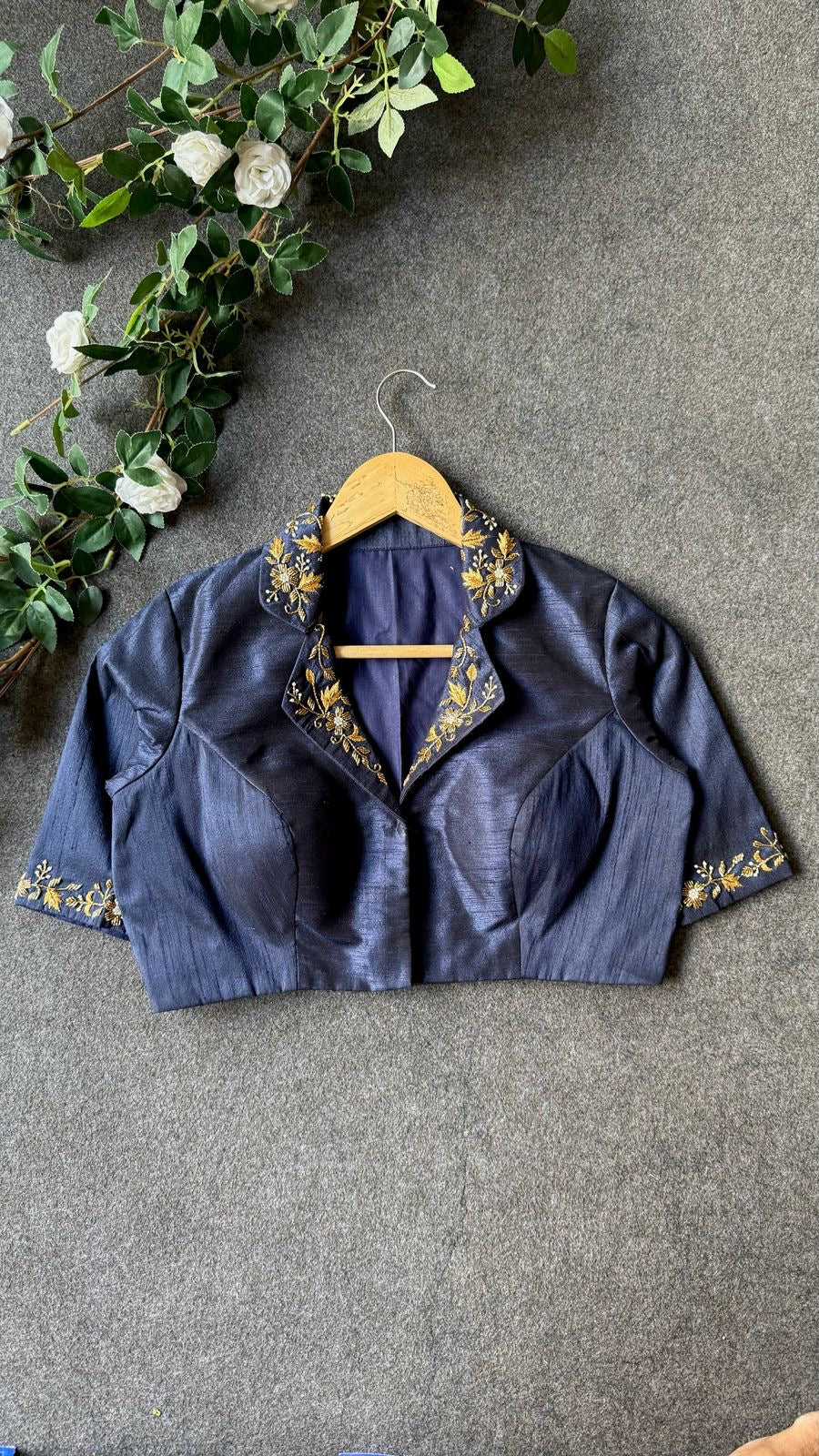 Midnight blue silk collar hand worked blouse