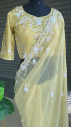 Banana yellow organza saree with silk embroidery blouse