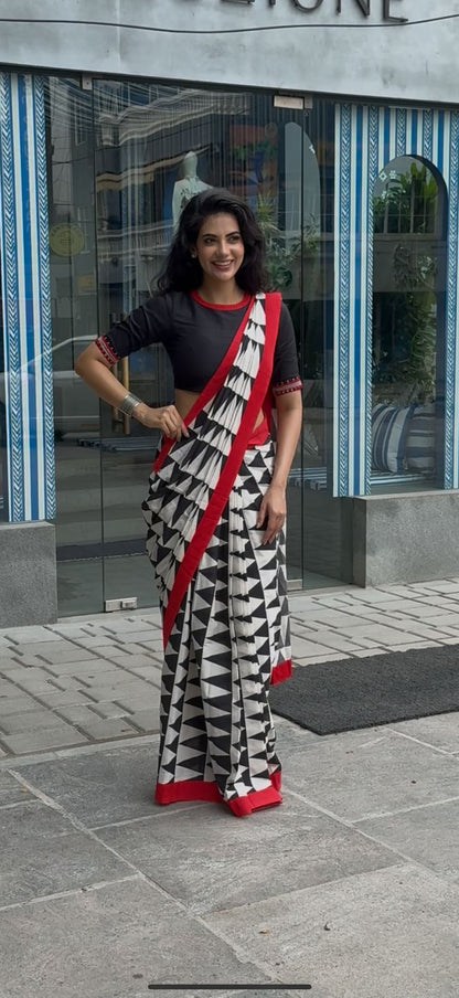 Black & white triangle cotton designer saree