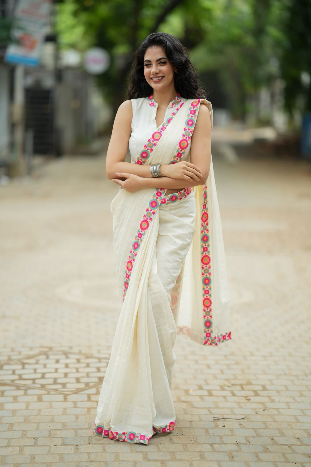 Cream cotton kota saree with embroidery work blouse