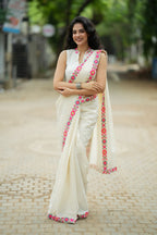 Cream cotton kota saree with embroidery work blouse