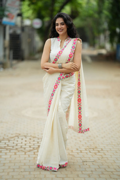 Cream cotton kota saree with embroidery work blouse