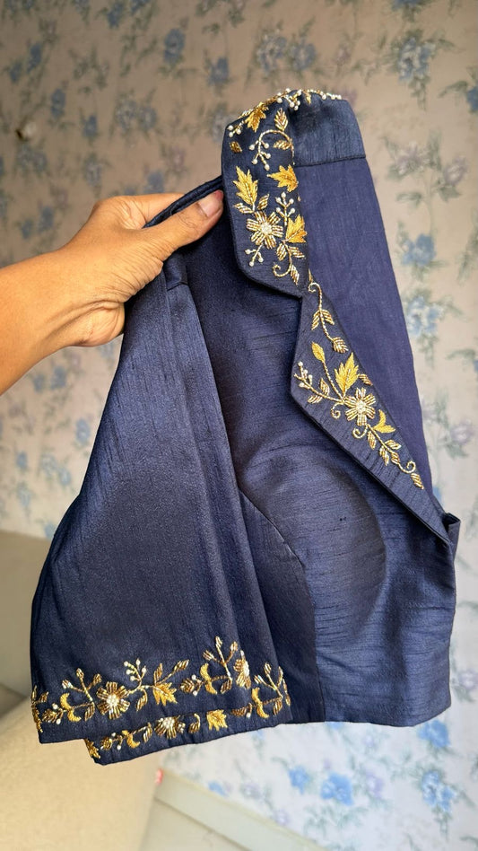 Midnight blue silk collar hand worked blouse