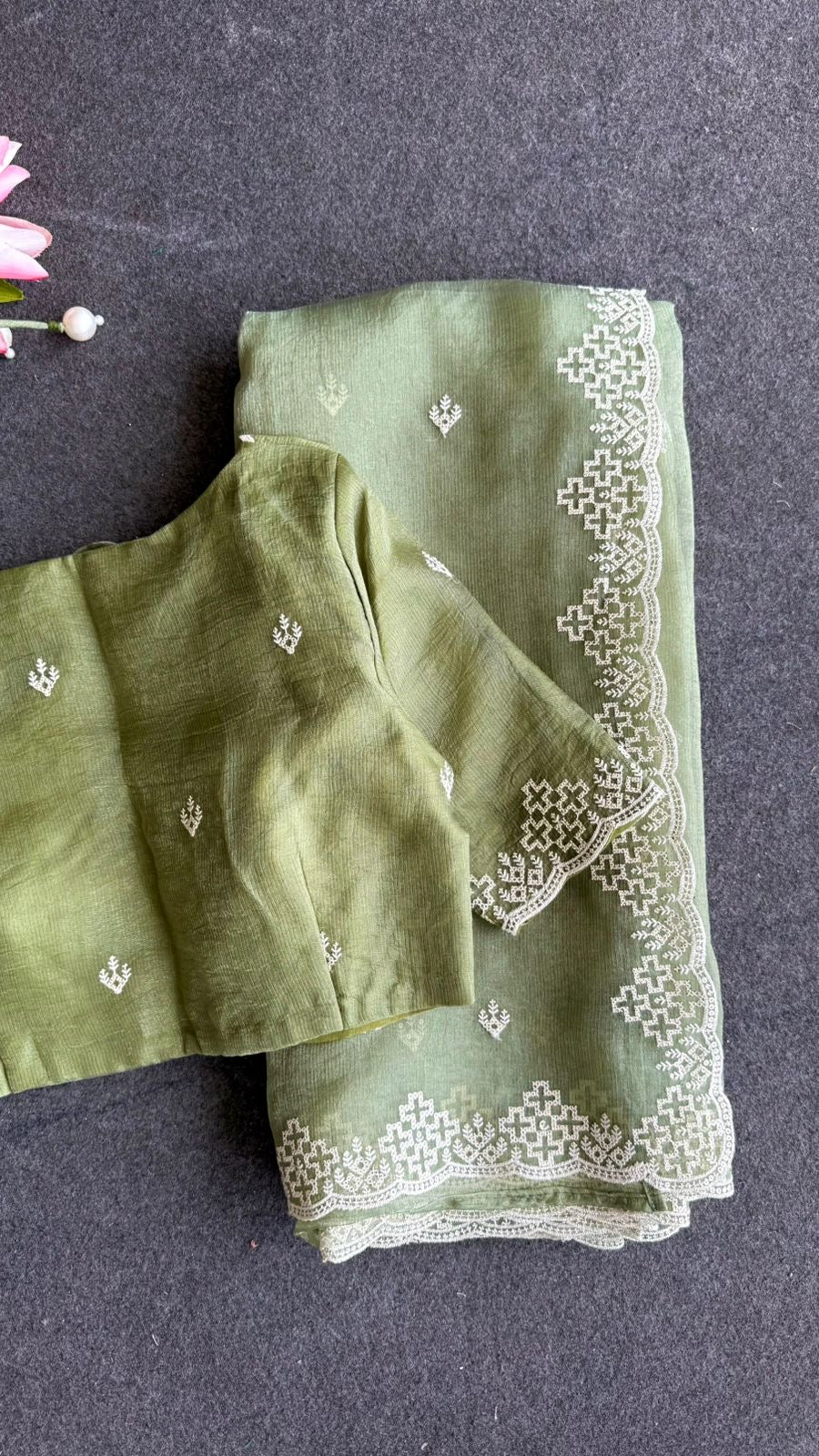 Light green tissue saree with tissue embroidery blouse