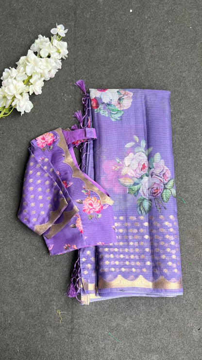 Lavender kota floral saree with blouse