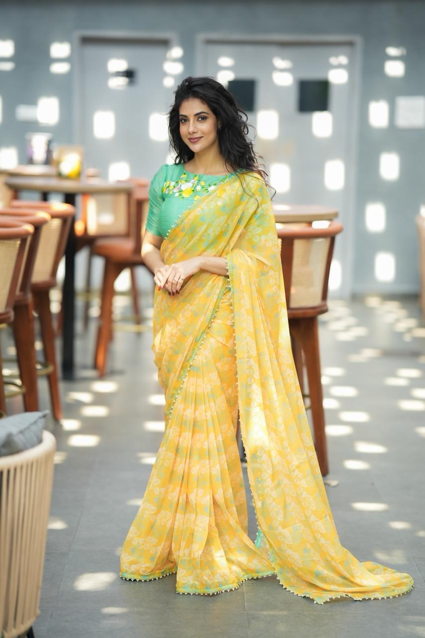 Green tissue floral hand work blouse (only blouse)