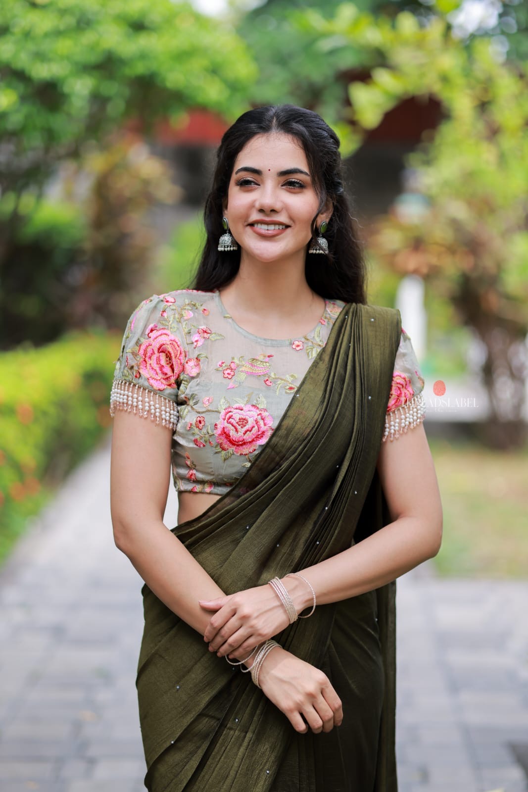 Bottle green Marble Saree with Handwork Blouse